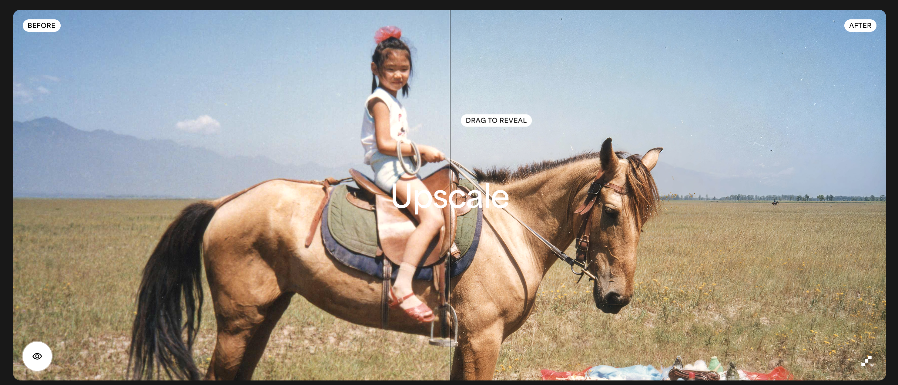 Topaz Gigapixel showing before/after comparison with drag-to-reveal slider for image upscaling