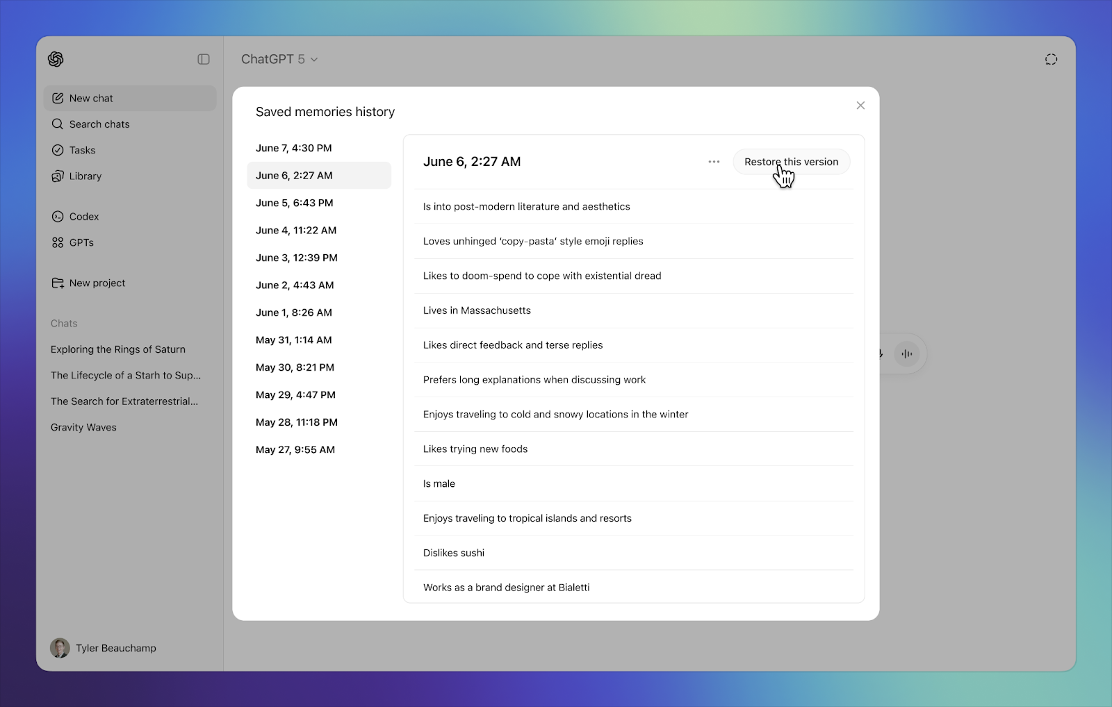 ChatGPT Saved memories history modal showing version history with restore functionality
