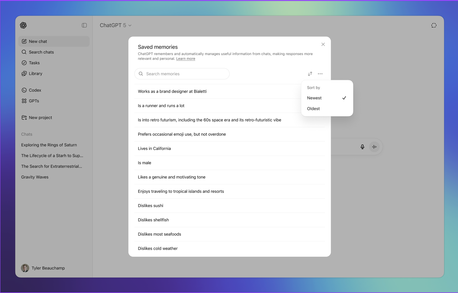 ChatGPT Saved memories modal showing list of memories with search and sort functionality